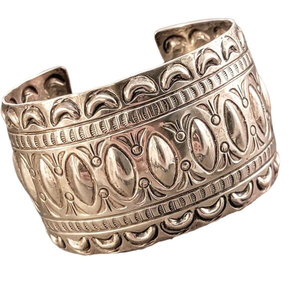 Marcella James Sterling Silver Navajo Stamped Wide Cuff Bracelet - Picture 1 of 13